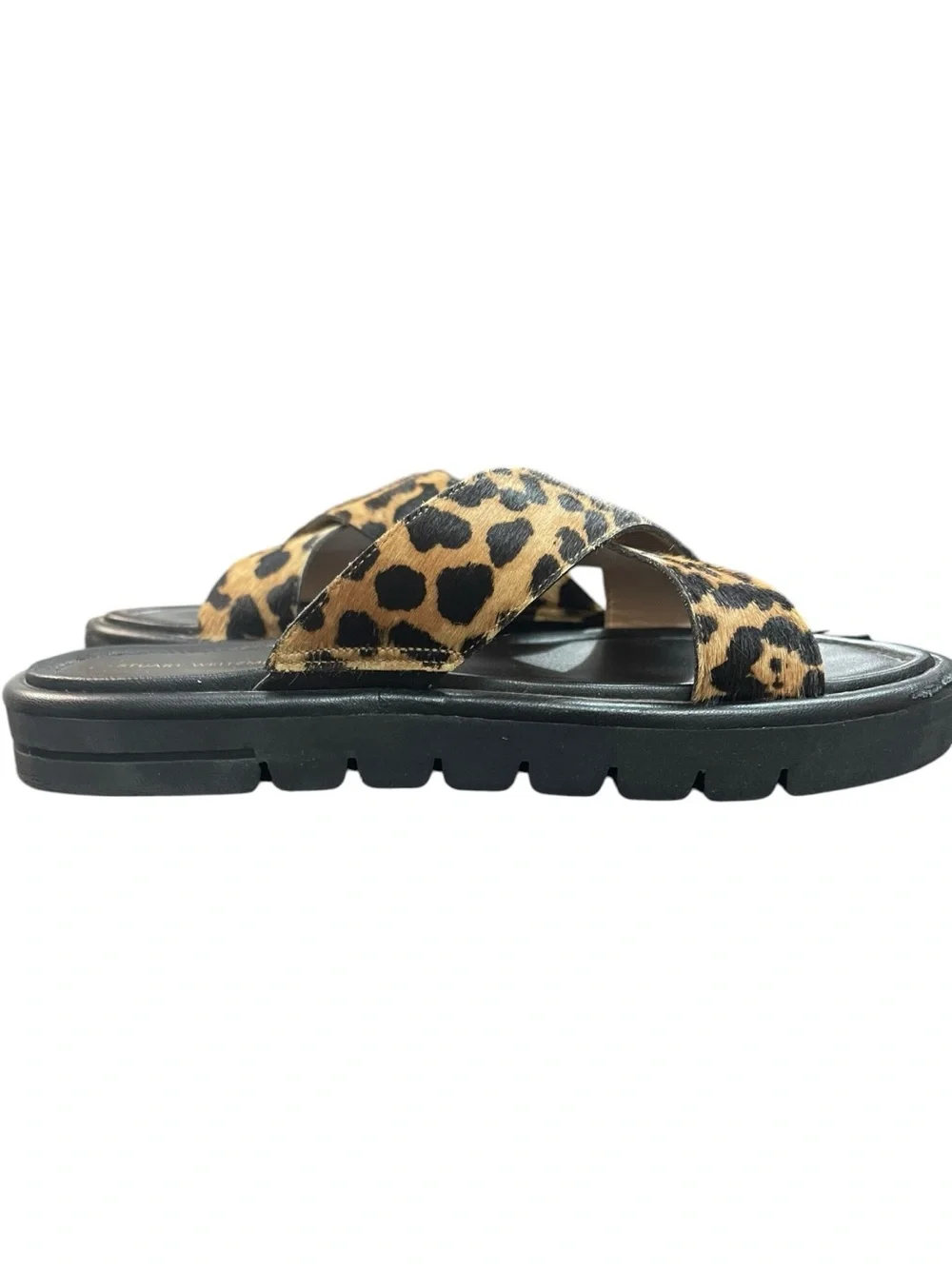 Stuart Weitzman Elodie Leopard Print Cross Lug Slide Sandals Black